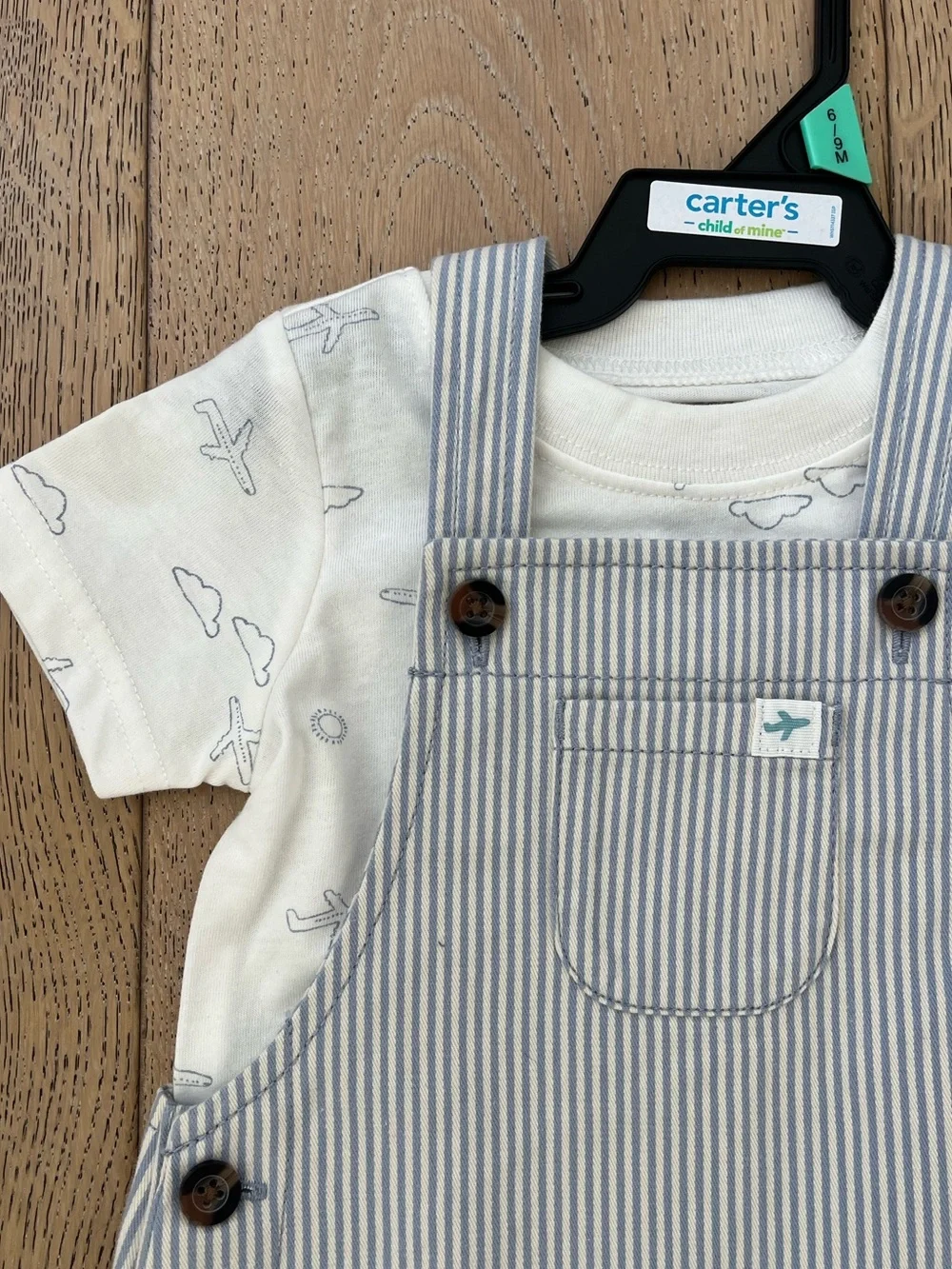 Carter’s Shortall Overall Set Navy Stripe Airplane 6-9 months Baby Boy Summer